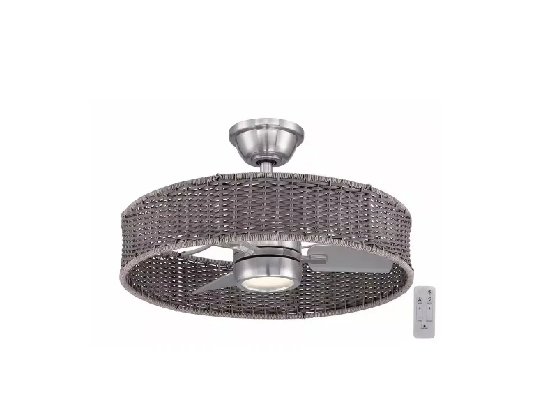 Indoor or Outdoor Brushed Nickel with Wicker Ceiling White Fan w/ remote - Image 1 of 2