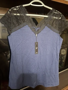 OUGES Women's Sexy V-Neck Lace Tank Tops Casual Sleeveless Blouse Navy Size M - Picture 1 of 2