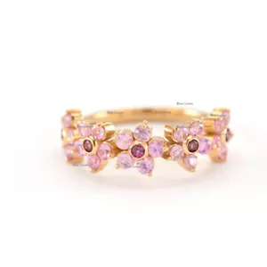 Anello Diamanti Rodolite & Rosa Zaffiro Floreale Eternità Solido Oro Giallo 14k US7 - Foto 1 di 2