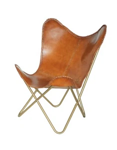 Tan Buffalo Leather Butterfly Chair Lounge Accent Garden Living Room Armchair - Picture 1 of 10