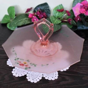Pink Depression Frosted Glass Umbrella Dessert Tray Dish Plate 11 inch - Picture 1 of 4