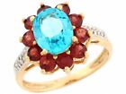 10k or 14k Two-Tone Gold Blue Topaz and Garnet and Diamond Ladies Exquisite Ring