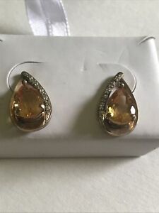 Estate 10K Yellow Gold Solitaire Citrine Diamond Earrings 2g