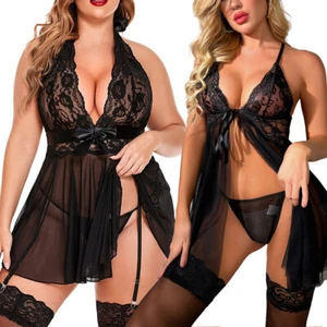 Plus Size Sexy Lingerie Women Lace Dress Open Front Sheer Babydoll Sleepwear Set - Picture 1 of 50