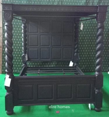 UK STOCK 6' MATT BLACK Gothic  Mahogany  Four poster Tudor style mansion Bed - Image 1 of 4