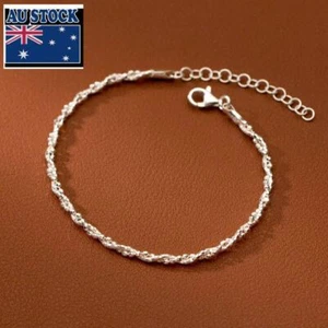 Woman Real s925 Sterling Silver Beaded Braided Rope 3mm Chain Bracelet Bangle - Picture 1 of 6