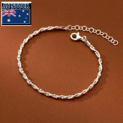 Woman Real s925 Sterling Silver Beaded Braided Rope 3mm Chain Bracelet Bangle  - Image 1 of 4