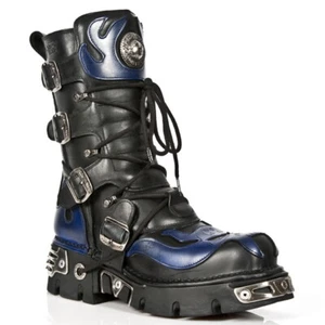 NEW ROCK 107-C5 Unisex Boots Black Blue Leather Skull Devil Gothic Punk Biker - Picture 1 of 9