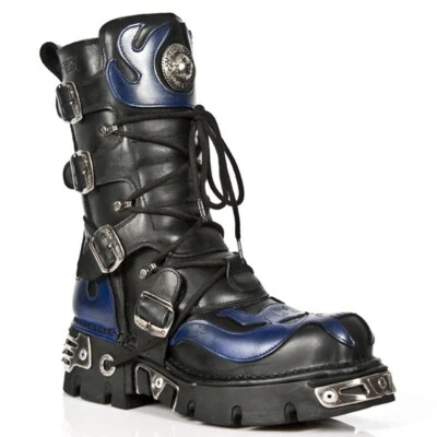 NEW ROCK 107-C5 Unisex Boots Black Blue Leather Skull Devil Gothic Punk Biker - Image 1 of 4