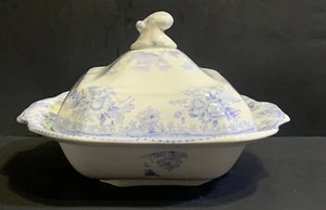 FLOW BLUE 1800s FOLLY BOVEY TRACEY Pottery ASIATIC PHEASANTS Vegetable Dish LID - Picture 1 of 24