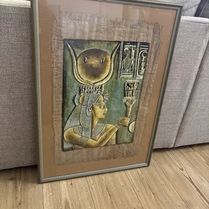 VINTAGE  GLASS FRAMED EGYPTIAN PAPYRUS WITH GODDESS HATHOR SIGNED 76 X 55 - Picture 1 of 11