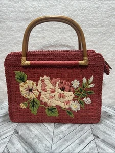 VTG Fossil red floral embroidered straw wooden handle small zippered Purse NWT - Picture 1 of 21