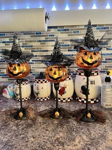 3 Pc Halloween Lantern Witch Spider Pumpkin Light Black Orange Silver Web Design - Picture 1 of 4