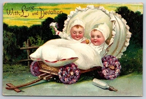 Clapsaddle Valentine~Two Babies In Wagon w/Flowers For Wheels~Baby Bottle~c1910 - Picture 1 of 2