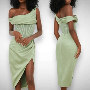 House of CB Lulu Drape Satin Boned Corset Pistachio Green Midi Dress Size XS - Picture 1 of 10