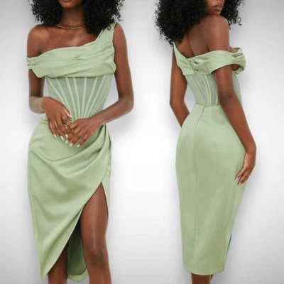 House of CB Lulu Drape Satin Boned Corset Pistachio Green Midi Dress Size XS - Image 1 of 4