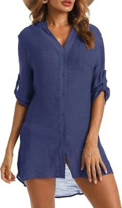 Swimsuit Coverup for Women, V-Neck Beach Button Down Bikini Cover (Navy,Size:M) - Picture 1 of 5
