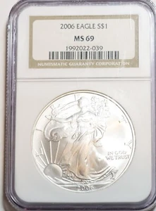BU 2006 American Silver Eagle $1 NGC Brilliant Uncirculated MS69 Nice White - Picture 1 of 2