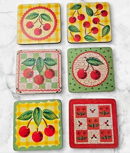 Vintage MARY ENGELBREIT Cherry Checkered Cork COASTERS Set of 6 - Picture 1 of 10