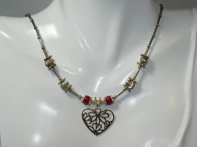 Argento D'Epoca Cristallo Rosso Perlina Ciondolo a Cuore 19 " Collana 1e 123 - Immagine 1 di 4