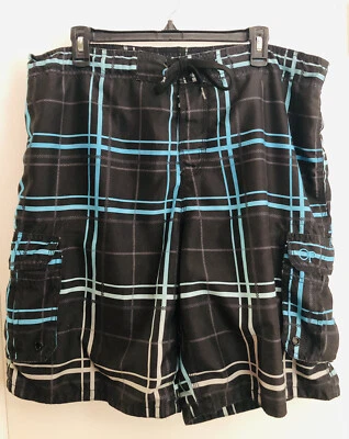 OP Ocean Pacific 泳裤板短裤黑色蓝色弹性抽绳腰 L — 第 1/4 张图片