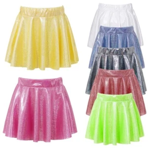 Girls Sparkling Shiny Metallic Ballet Dance Skirt Pleated Flared Skater Skorts - Picture 1 of 34