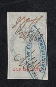 Pen Cancelar 1868 para Banco de Nueva Zelanda, Christchurch en un chelín impuesto de estampilla - Imagen 1 de 1