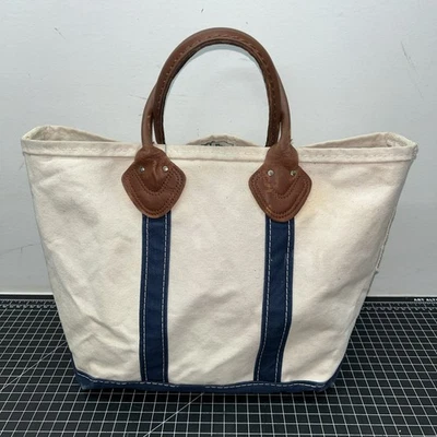 Bolso de mano LL Bean Boat & Tote de lona vintage asas de cuero 12”x11”x6” azul y blanco Foto 1 de 4