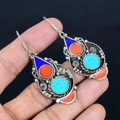 Orecchino vintage tibetano argento sterling 925 corallo turchese... - Immagine 1 di 4