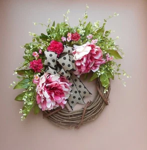 17" Pink Peony Spring Summer Grapevine Door Wreath Tan Black Bow - Picture 1 of 4
