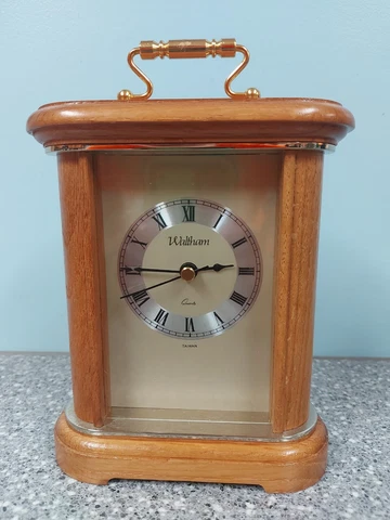 Waltham Quartz Clock Solid Oak Gold Tone Mantle Desk Shelf Battery Operated Cover
