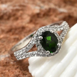 Russian Diopside, Zircon Platinum Over Silver Split Shank Ring size 9 total 2.20 - Picture 1 of 4