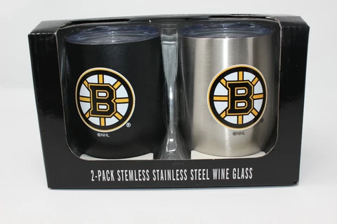 New  Memory Company Boston Bruins NHL 2 pack Stainless Steel Wine Glass w/ Lid Cover