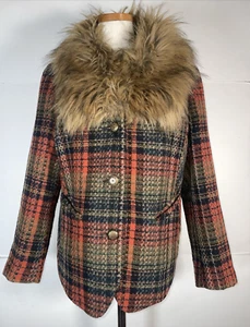 Joe Browns Women's Funky Funtime Faux Fur Collar Plaid Fall Jacket Size 16 - Picture 1 of 17