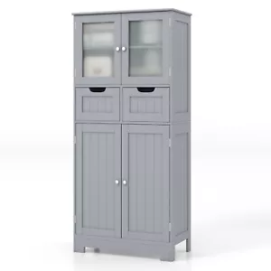 Bathroom Floor Storage Cabinet Kitchen Cupboard w/ 2 Drawers & Glass Doors Grey - Picture 1 of 10