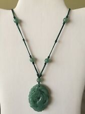Green Jade Dragon Pendant Silk Cord Necklace 26" Long