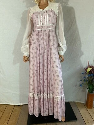 Vtg 70s Gunne Sax Maxi Dress Pink Rose Floral Lace Prairie Cottagecore Boho 9  M - Image 1 of 4