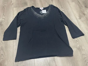 Quacker Factory Rhinestone Split-V 3/4 Sleeve Shirt Black Size Large - Picture 1 of 7
