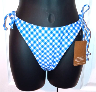 HOBIE Bikini Bathing Swim Suit Bottom sz L Blue Checked Side Tie Strings - Image 1 of 4