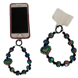 Iridescent Purple & Green Heart Large Beaded Charm Phone Accessory Wristlet - Picture 1 of 11