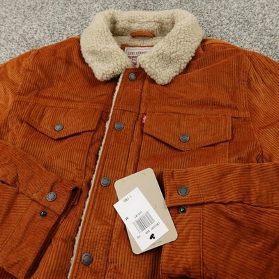 NEW Levis Jacket Mens M Brown Orange Corduroy Sherpa Lined Trucker Snap Zip Coat - Image 1 of 4