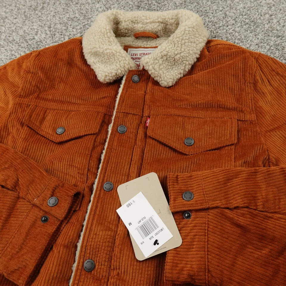 NUEVA Chaqueta Levis Para Hombres M Marrón Naranja Pana Sherpa Forrada Camionero Abrigo con Cremallera a Presión Foto 1 de 4