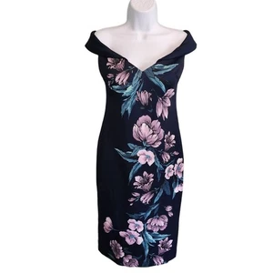 Xscape Marineblau Schulterfrei Blumen Cocktailkleid Midi Länge Größe 8 Neu mit Etikett - Bild 1 von 9