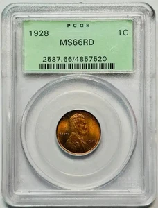 1928 P Small Cents Lincoln Wheat Penny PCGS MS-66 RD Red Old Green Holder - Picture 1 of 2