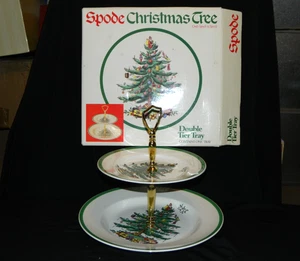 SPODE "CHRISTMAS TREE" 2 TIER TIDBIT TRAY, SALAD & DINNER PLATE, NIB - Picture 1 of 5
