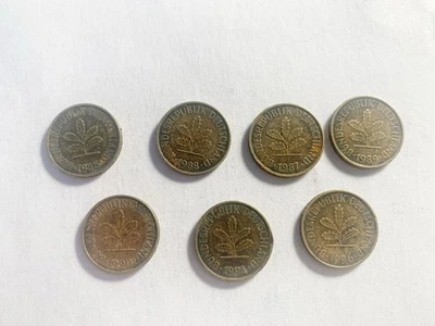 Germany 5 Pfennig Coin Lot 7x Different Years 1980s–1990s Old Coins Set - Image 1 of 2
