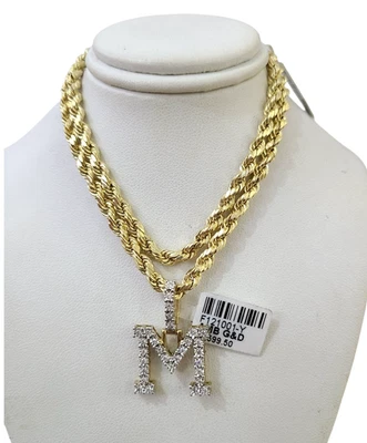 Juego de collar colgante con dije inicial de diamante cadena cuerda 10k M 4 mm oro 20"-30" Foto 1 de 4