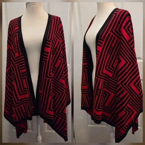 Karl Lagerfeld Paris Chal Cárdigan Abierto Poncho Invierno Negro Rojo Estampado Geométrico - Imagen 1 de 10