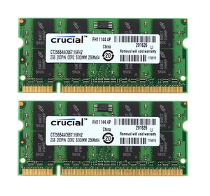 Crucial 4GB 2X 2GB PC2-5300S DDR2 667Mhz 200Pin 1.8V SODIMM Laptop Memory RAM" - Picture 1 of 10