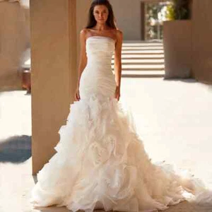 Strapless Mermaid Wedding Dresses Backless Pleats Ruffle Sweep Train Bridal Gown - Picture 1 of 7